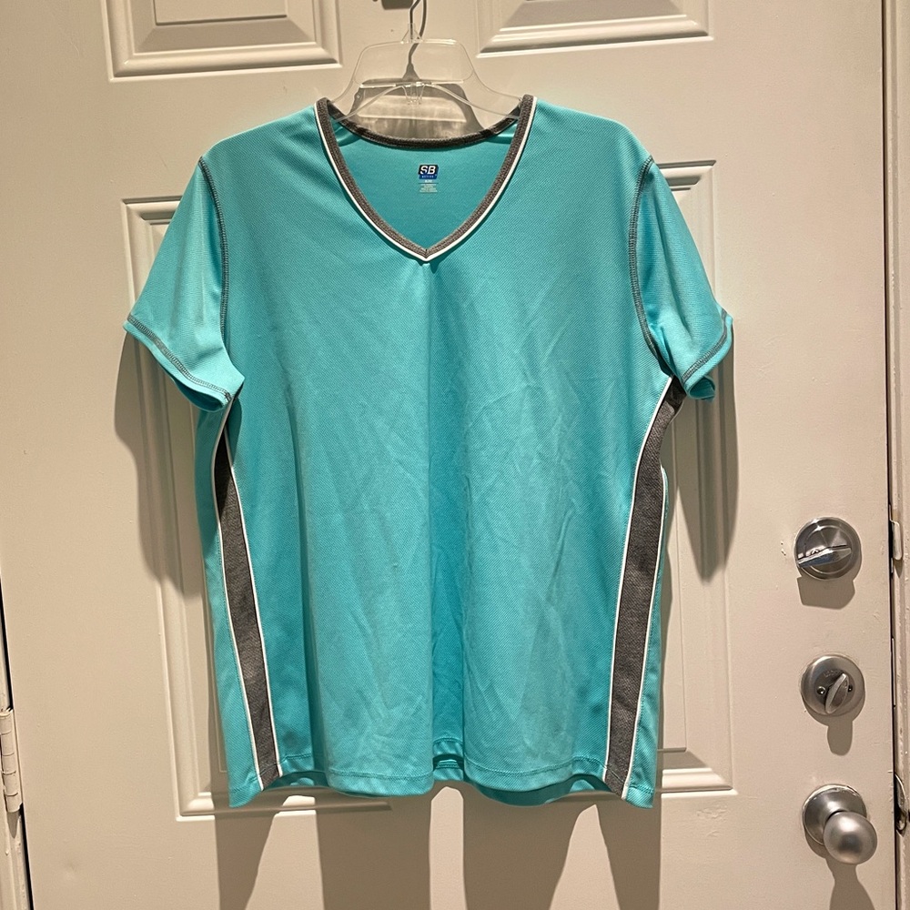 SJB Active Aqua Turquoise Gray Knit Mesh Short Sleeve Workout Top Size XL